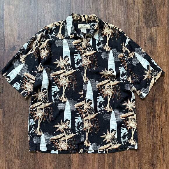Natural Issue Vintage Hawaiian Shirt Rayon Black Palm Tree Surf Print Men’s M - Picture 1 of 5